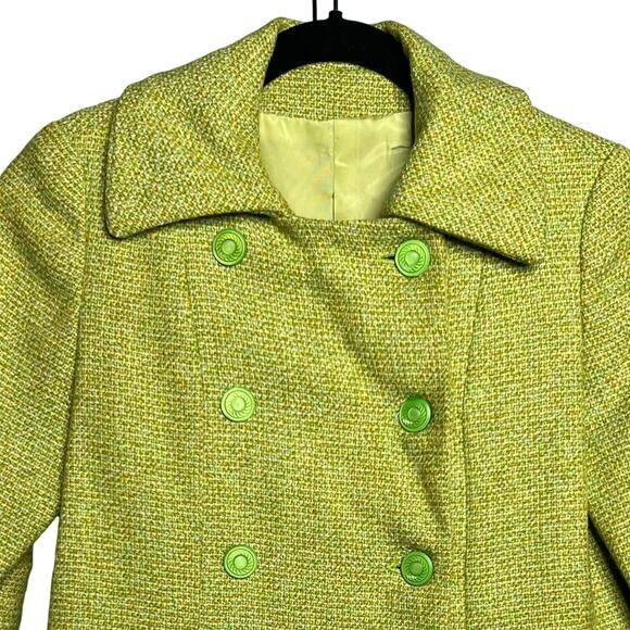 Vintage 60s Childrens Size 7 8 Green Double Breasted Wool Coat Button Front - Picture 4 of 10